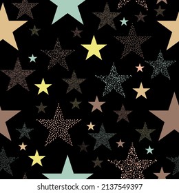 Vector seamless pattern of psychedelic colorful stars on black background. Stars and scrapes are laid out in an interesting seamless pattern.