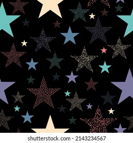 Vector seamless pattern of psychedelic colorful stars on black background. Trendy vector print.
