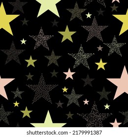 Vector seamless pattern of psychedelic colorful stars on black background.  Multicolor shiny outer space, Glittering galactic texture background, Seamless illustration