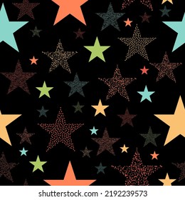 Vector seamless pattern of psychedelic colorful stars on black background.  Multicolor shiny outer space, Glittering galactic texture background, Seamless illustration