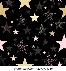 Vector seamless pattern of psychedelic colorful stars on black background. Stars and scrapes are laid out in an interesting seamless pattern.