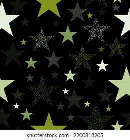 Vector seamless pattern of psychedelic colorful stars on black background. Trendy vector print.