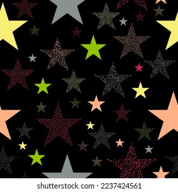 Vector seamless pattern of psychedelic colorful stars on black background. Stars and scrapes are laid out in an interesting seamless pattern.