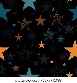 Vector seamless pattern of psychedelic colorful stars on black background. Stars and scrapes are laid out in an interesting seamless pattern.