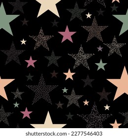 Vector seamless pattern of psychedelic colorful stars on black background. seamless background with bright neon stars.