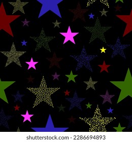 Vector seamless pattern of psychedelic colorful stars on black background. Isolated volumetric umbrella, triangle, circle, star and ladder. Multi-colored elements from the game.