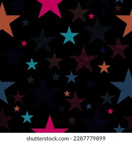 Vector seamless pattern of psychedelic colorful stars on black background. Stars and scrapes are laid out in an interesting seamless pattern.