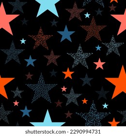 Vector seamless pattern of psychedelic colorful stars on black background. seamless background with bright neon stars.