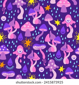 Vector seamless pattern of psychedelic neon mushrooms. Crazy mushrooms. Stylized mushrooms in neon pink and purple colors on a dark background