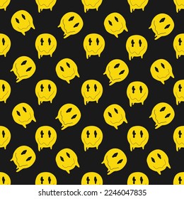 Vector seamless pattern with psychedelic quirky cartoon face.Melted smile faces in trippy acid rave style. Design for stickers, sweatshirts, t-shirts. Vector illustration