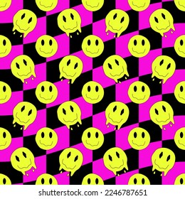 Vector seamless pattern with psychedelic quirky cartoon face.Melted smile faces in trippy acid rave style. Design for stickers, sweatshirts, t-shirts. Vector illustration