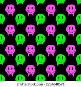Vector seamless pattern with psychedelic quirky cartoon face.Melted smile faces in trippy acid rave style. Design for stickers, sweatshirts, t-shirts. Vector illustration