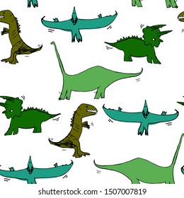 Vector Seamless pattern with pterodactyl, tyrannosaurus, triceratops, diplodocus. Illustration with dinosaurs on a white background for textiles, wallpapers, banners, posters, design for children 