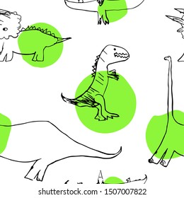 Vector Seamless pattern with pterodactyl, tyrannosaurus, triceratops, diplodocus. Illustration with dinosaurs on a white background for textiles, wallpapers, banners, posters, design for children 