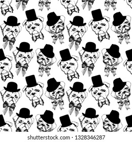 Vector seamless pattern with pug. Hand drawn illustration of dog with tail-coat.