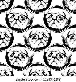 Vector seamless pattern with pug. Hand drawn illustration of dog with glasses. 