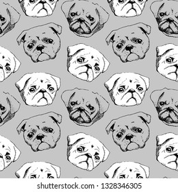 Vector seamless pattern with pug. Hand drawn illustration of dog. 