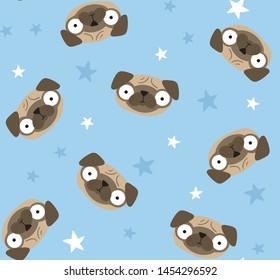 Vector seamless pattern with pug portrait. Seamless pattern with hand draw pug on the blue background with stars. Pattern illustration with cute big eyes dog face. Pugs pattern for kids fabric