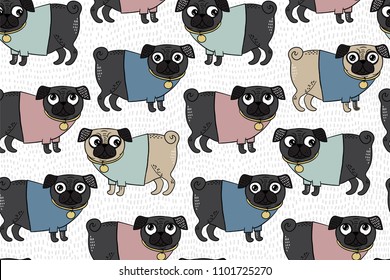 Vector seamless pattern of pug wearing t-shirt. Seamless pattern of hand draw colorful pugs on the background with grass. Pattern illustration with cute dog for kids. Pattern with pug for fabric
