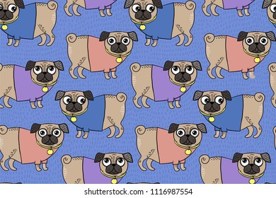 Vector seamless pattern of pug wearing t-shirt. Seamless pattern of hand draw colorful pugs on the background with grass. Pattern illustration with cute dog for kids. Pattern with pug for fabric