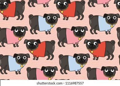 Vector seamless pattern of pug wearing t-shirt. Seamless pattern of hand draw colorful pugs on the background with grass. Pattern illustration with cute dog for kids. Pattern with pug for fabric