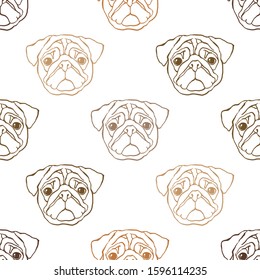 Vector seamless pattern with pug-dog on white. 
