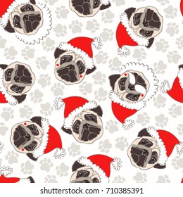 Vector seamless pattern with pug-dog  in Santa's hat and traces.  Dog - animal symbol of New Year 2018.