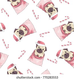 Vector seamless pattern with pug-dog in Santa's hat and traces. Dog - animal symbol of New Year .