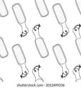 Vector Seamless pattern of pumice stone for feet with rope. hand-drawn foot care tool in sketch style isolated black outline with dot texture for packaging design template