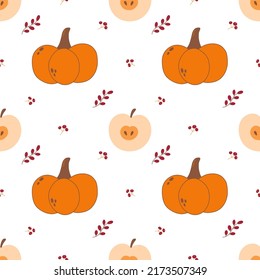 Vector seamless pattern with pumpkin, apple, branch and berry. Autumn illustration
