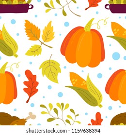 Vector seamless pattern with pumpkin, corn, turkey and oak leaves on white background. Perfect for wallpaper, gift paper, autumn greeting cards. Thanksgiving day background.