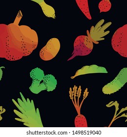 Vector seamless pattern with pumpkin, cucumber, potatoes, carrots, beets, radishes, peas and broccoli