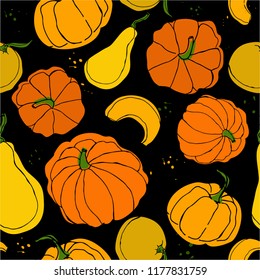 Vector seamless pattern of pumpkin. For design logo, textile, menu card, pattern. EPS 10