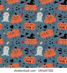 Vector seamless pattern with pumpkin and ghost. With an inscription boo. In the style of hand drawing. For printing, for fabric, for wrapping.