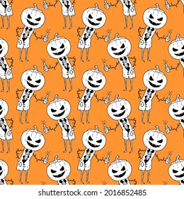 Vector seamless pattern of pumpkin for halloween on a orange background. Hand drawn monster scarecrow. Black and white outline design for wallpaper, wrapper, backdrop, banner decoration.