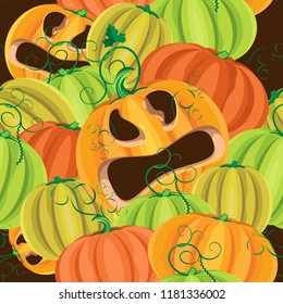 Vector seamless pattern. Pumpkin Jack hid among fresh pumpkins. Brown background