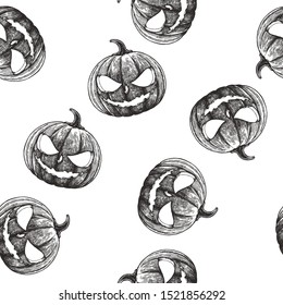 Vector seamless pattern with pumpkin Jack in engraving style. Hand drawn texture with Halloween symbol isolated on white. All Saints Day.
