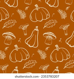 Vector seamless pattern with pumpkin mushrooms and leaves orange background