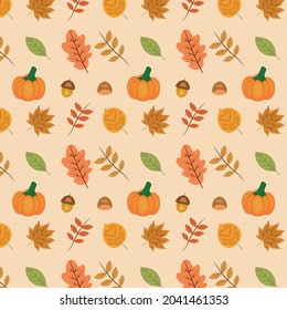 Vector seamless pattern with pumpkin, oak, maple , nuts, acorn and green leaf. For thanksgiving and autumn  posters , greeting cards,  wrapping paper, home décor , textile and wallpaper 