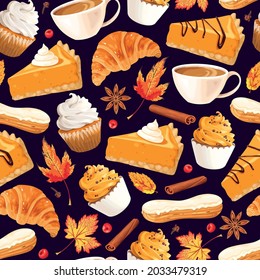 Vector seamless pattern with pumpkin pie, pastry and coffee