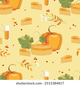 Vector seamless pattern with pumpkin pie, pumpkin, autumn leaves, berries and glass with drink