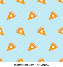 Vector seamless pattern with pumpkin pie slices on a blue background.