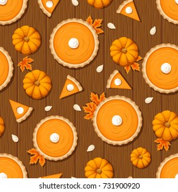 Vector seamless pattern with pumpkin pies, pumpkins and seeds on a wooden background.