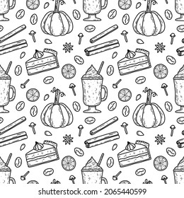 Vector seamless pattern with pumpkin spice latte ingredients. Pumpkin pie and coffee background.
