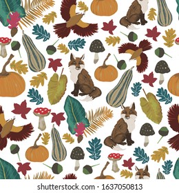 vector seamless pattern with pumpkins, acorns and foxes.