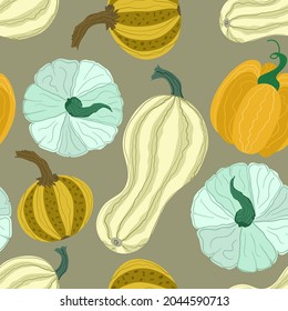 Vector seamless pattern with pumpkins. Autumn pattern. Autumn harvest and Thanksgiving. Pattern for printing on paper, fabric and wallpaper on the wall