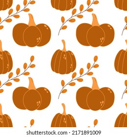 Vector seamless pattern with pumpkins and branches with leaves. Autumn illustration