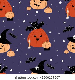 Vector seamless pattern with pumpkins. Cute halloween pattern in hand drawn cartoon style. Magic illustration with pumpkins, candle, bats and stars