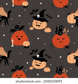 Vector seamless pattern with pumpkins. Cute halloween pattern in hand drawn cartoon style. Magic illustration with pumpkins, candle, bats, stars and cat