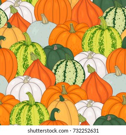 Vector seamless pattern with pumpkins in different colors, sizes and grades. Illustration.